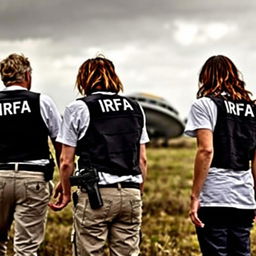 Two investigators analyzing a crashed UFO, wearing white t-shirts underneath black investigation vests with "IRFA" written in white letters on the back, pants with pockets