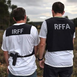 Two investigators analyzing a crashed UFO, wearing white t-shirts underneath black investigation vests with "IRFA" written in white letters on the back, pants with pockets