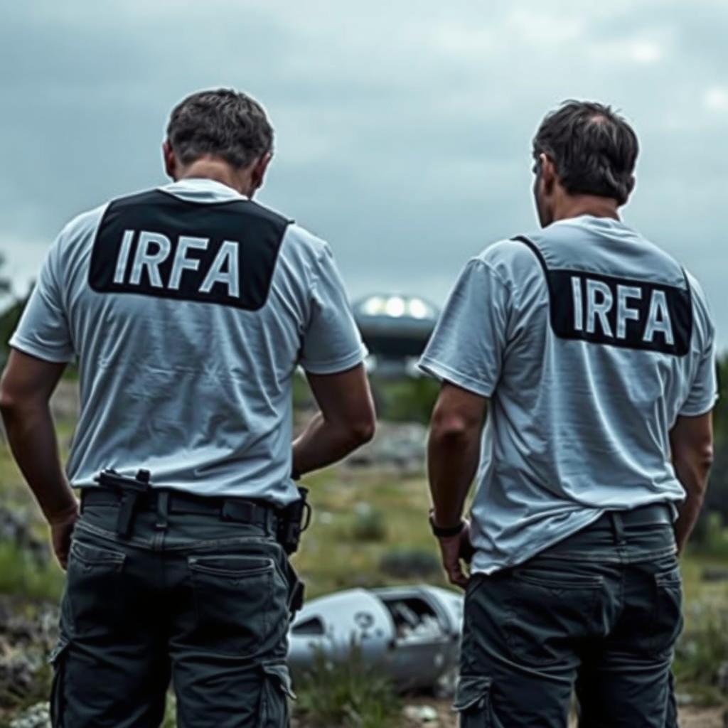 Two investigators analyzing a crashed UFO, wearing white t-shirts underneath black investigation vests with "IRFA" written in white letters on the back, pants with pockets