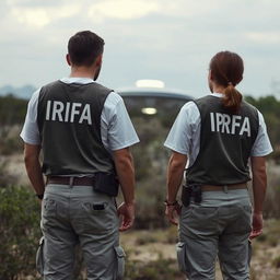 Two investigators analyzing a crashed UFO, wearing white t-shirts under investigation vests with "IRFA" written in white letters on the back, pants with pockets, and a communication radio at the waist