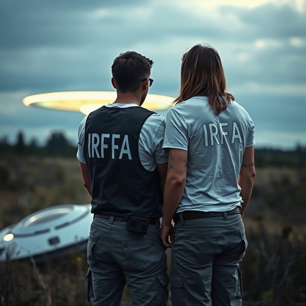 Two investigators analyzing a crashed UFO, wearing white t-shirts under investigation vests with "IRFA" written in white letters on the back, pants with pockets, and a communication radio at the waist