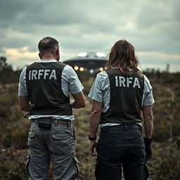 Two investigators analyzing a crashed UFO, wearing white t-shirts under investigation vests with "IRFA" written in white letters on the back, pants with pockets, and a communication radio at the waist