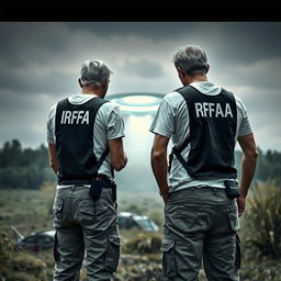 Two investigators analyzing a crashed UFO, wearing white t-shirts under investigation vests with "IRFA" written in white letters on the back, pants with pockets, and a communication radio at the waist