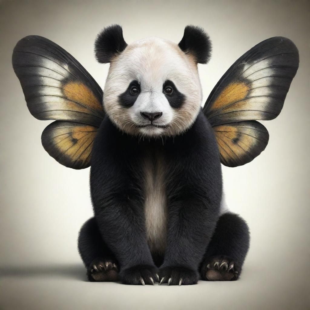 A realistic depiction of a panda with subtly blended butterfly wings, maintaining the fine details and lifelike features of both species.