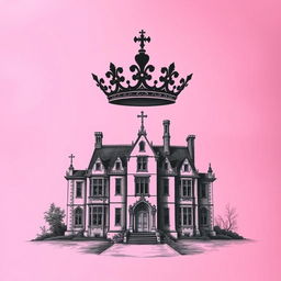 A pink background with an eerie atmosphere, featuring an intricate engraving of an English manor