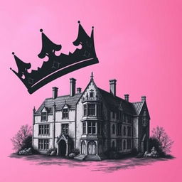 A pink background with an eerie atmosphere, featuring an intricate engraving of an English manor