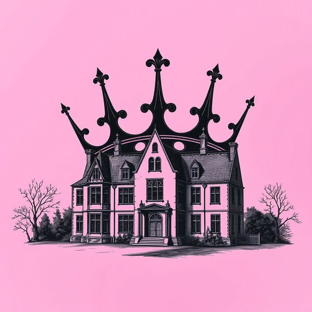 A pink background with an eerie atmosphere, featuring an intricate engraving of an English manor