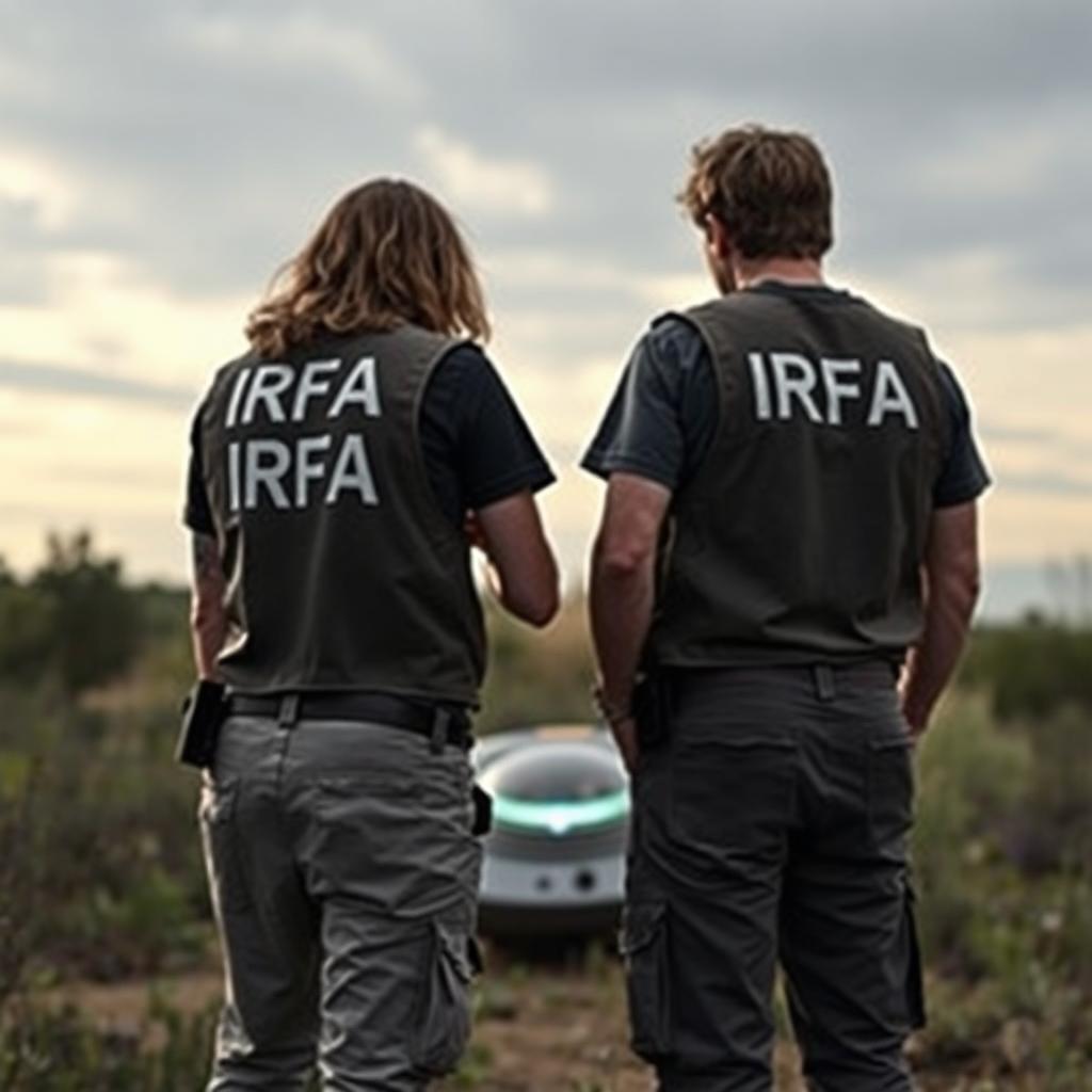 Two analyst investigators examining a crashed UFO, wearing t-shirts under investigation vests with "IRFA" written in white letters on the back, pants with pockets, and a communication radio at the waist