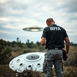 Two analyst investigators examining a crashed UFO, wearing t-shirts under investigation vests with "IRFA" written in white letters on the back, pants with pockets, and a communication radio at the waist