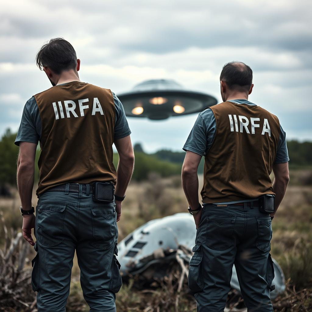 Two analyst investigators examining a crashed UFO, wearing t-shirts under investigation vests with "IRFA" written in white letters on the back, pants with pockets, and a communication radio at the waist