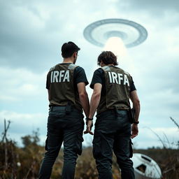 Two analyst investigators examining a crashed UFO, wearing t-shirts under investigation vests with "IRFA" written in white letters on the back, pants with pockets, and a communication radio at the waist