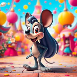 A Disney-like character in a vibrant, colorful setting