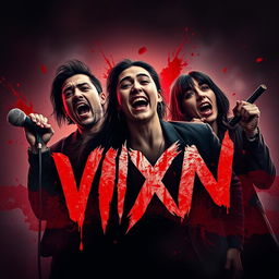 Design a movie poster for "VIXN", a bloody slasher film that captures the terrifying descent into chaos