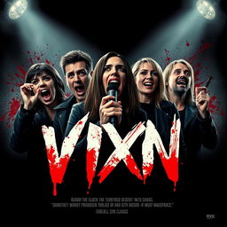 Design a movie poster for "VIXN", a bloody slasher film that captures the terrifying descent into chaos