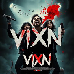 Design a movie poster for "VIXN", a bloody slasher film that captures the terrifying descent into chaos