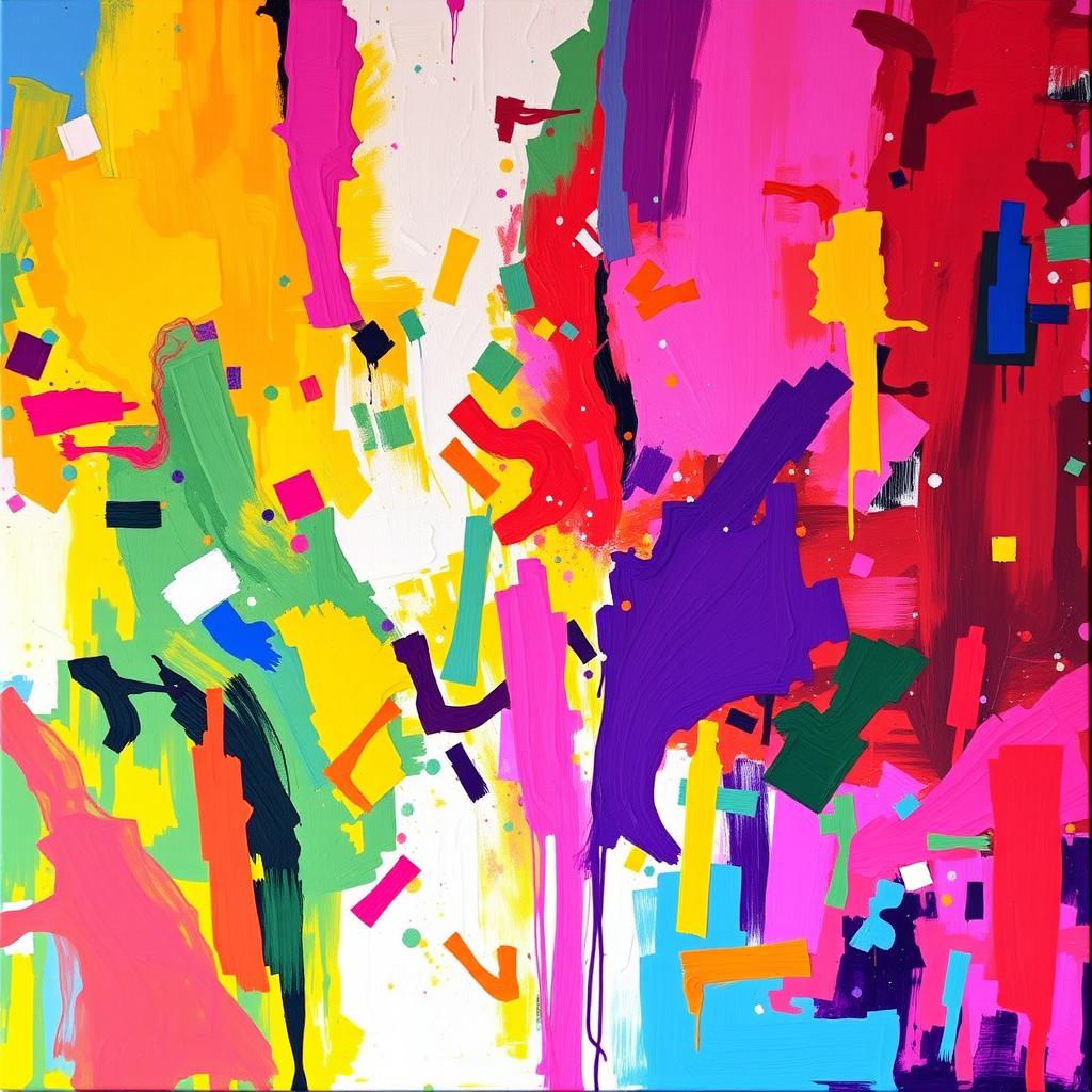 A vibrant and colorful abstract painting, full of lively shades and bright, saturated colors, featuring dynamic shapes and bold contrasts