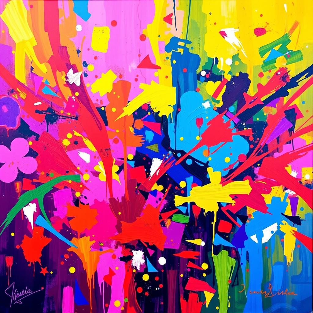 A vibrant and colorful abstract painting, full of lively shades and bright, saturated colors, featuring dynamic shapes and bold contrasts