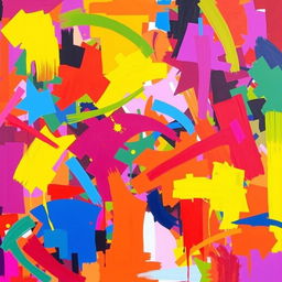 A vibrant and colorful abstract painting, full of lively shades and bright, saturated colors, featuring dynamic shapes and bold contrasts