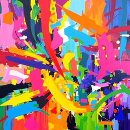 A vibrant and colorful abstract painting, full of lively shades and bright, saturated colors, featuring dynamic shapes and bold contrasts