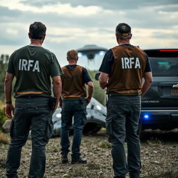 Analyst investigators examining a crashed UFO, wearing t-shirts under investigation vests with "IRFA" written in white letters on the back, and pants with pockets