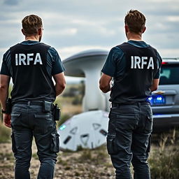 Analyst investigators examining a crashed UFO, wearing t-shirts under investigation vests with "IRFA" written in white letters on the back, and pants with pockets