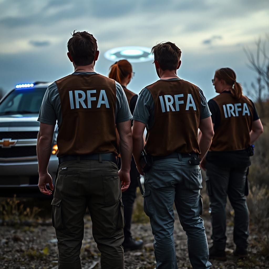 Analyst investigators examining a crashed UFO, wearing t-shirts under investigation vests with "IRFA" written in white letters on the back, and pants with pockets