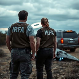 Analyst investigators examining a crashed UFO, wearing t-shirts under investigation vests with "IRFA" written in white letters on the back, and pants with pockets