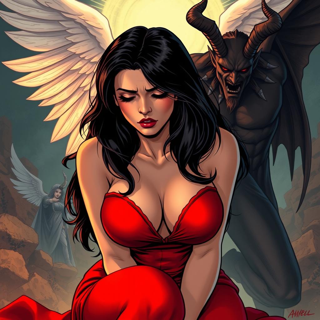 a sexy superheroine with black hair, appearing sleepy and frightened, dressed in red, kneeling while an angel and a demon stand behind her, set in a dramatic and dynamic scene that highlights the contrast between the heavenly and the hellish, the angel depicted with radiant wings and a serene expression, while the demon has dark, menacing features