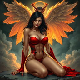 a sexy superheroine with black hair, appearing sleepy and frightened, dressed in red, kneeling while an angel and a demon stand behind her, set in a dramatic and dynamic scene that highlights the contrast between the heavenly and the hellish, the angel depicted with radiant wings and a serene expression, while the demon has dark, menacing features