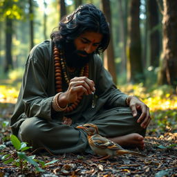 A compassionate scene of Jagannav seated beside a small bird on a forest floor