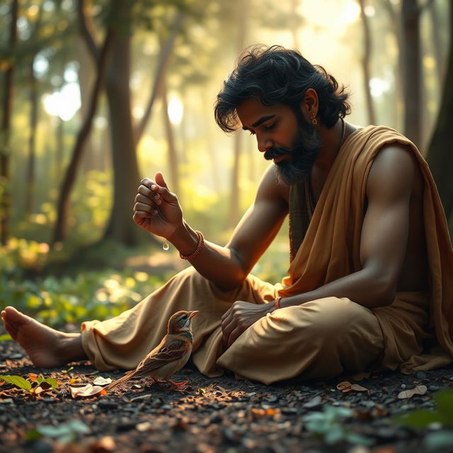 A compassionate scene of Jagannav seated beside a small bird on a forest floor