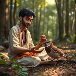 A compassionate scene of Jagannav seated beside a small bird on a forest floor