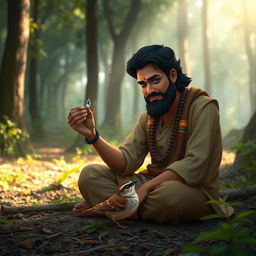 A compassionate scene of Jagannav seated beside a small bird on a forest floor