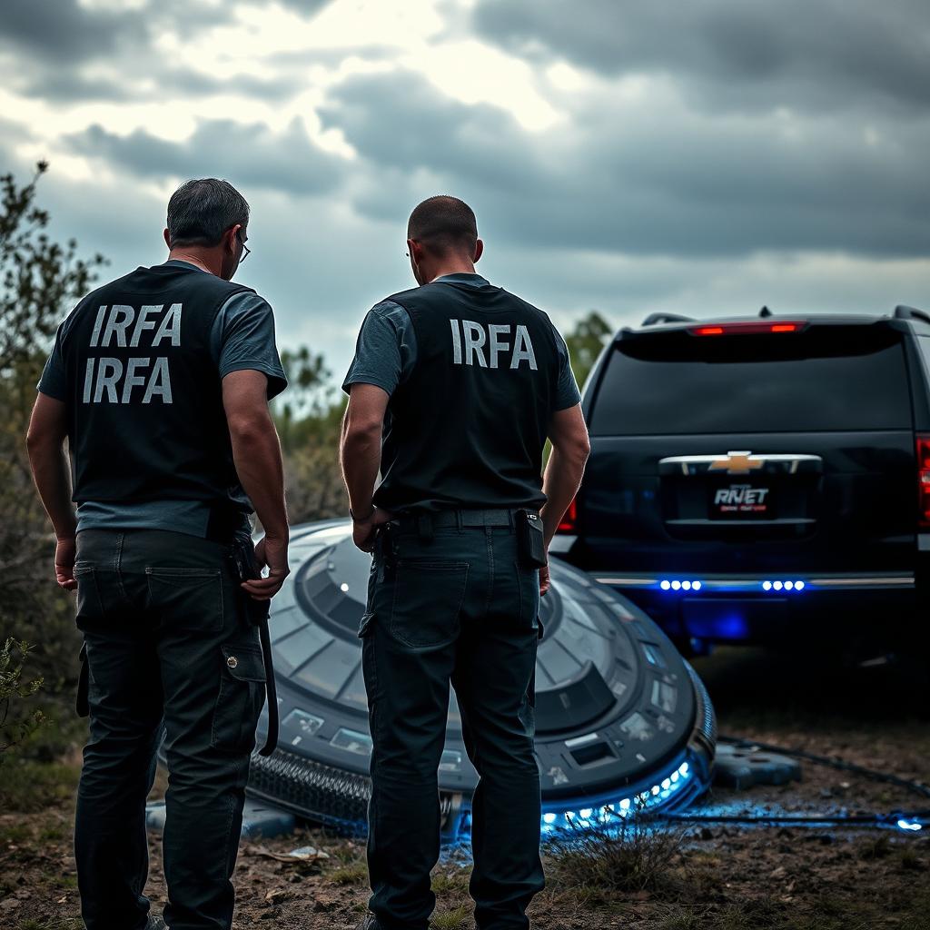 Analyst investigators examining a crashed UFO, wearing t-shirts under black investigator vests with "IRFA" written in white letters on the back, and pants with pockets