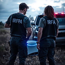 Analyst investigators examining a crashed UFO, wearing t-shirts under black investigator vests with "IRFA" written in white letters on the back, and pants with pockets