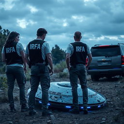 Analyst investigators examining a crashed UFO, wearing t-shirts under black investigator vests with "IRFA" written in white letters on the back, and pants with pockets