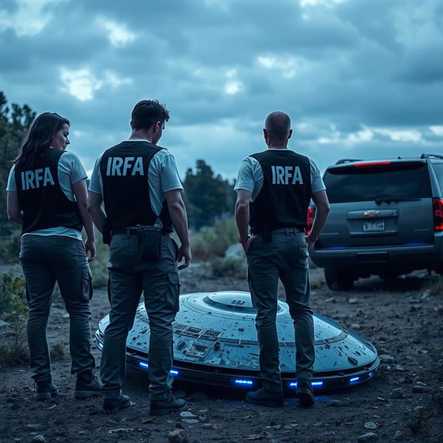 Analyst investigators examining a crashed UFO, wearing t-shirts under black investigator vests with "IRFA" written in white letters on the back, and pants with pockets