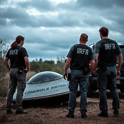 Analyst investigators examining a crashed UFO, wearing t-shirts under black investigator vests with "IRFA" written in white letters on the back, and pants with pockets