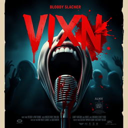 Design a movie poster for "VIXN", a bloody slasher film filled with terror and suspense