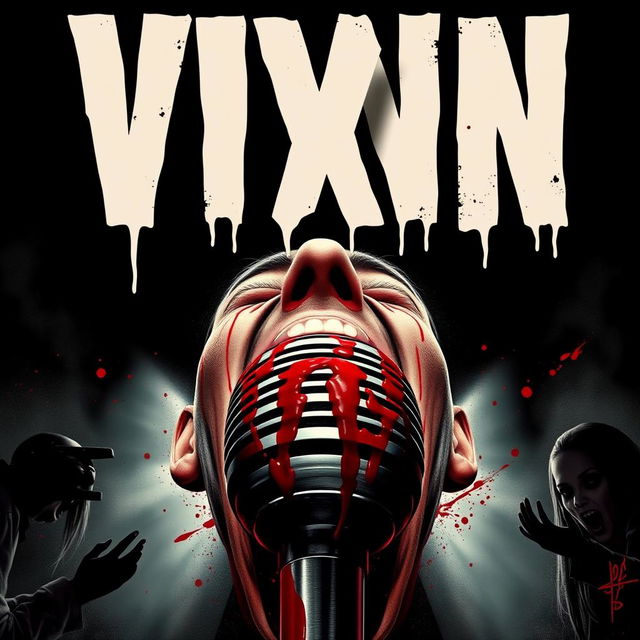 Design a movie poster for "VIXN", a bloody slasher film filled with terror and suspense