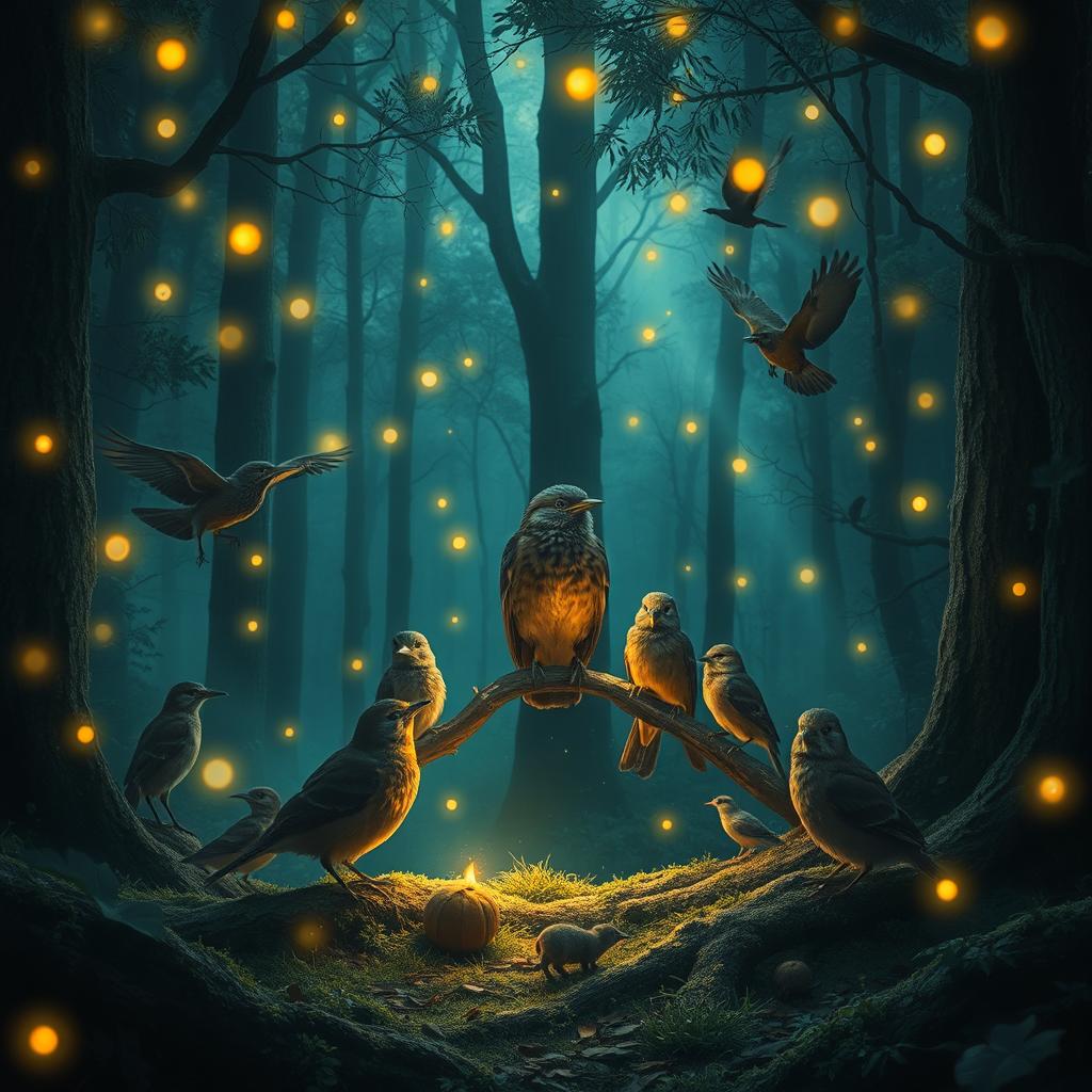 A mystical scene set in the depth of a forest at night, featuring a group of birds and animals surrounding a Myna bird perched on a branch