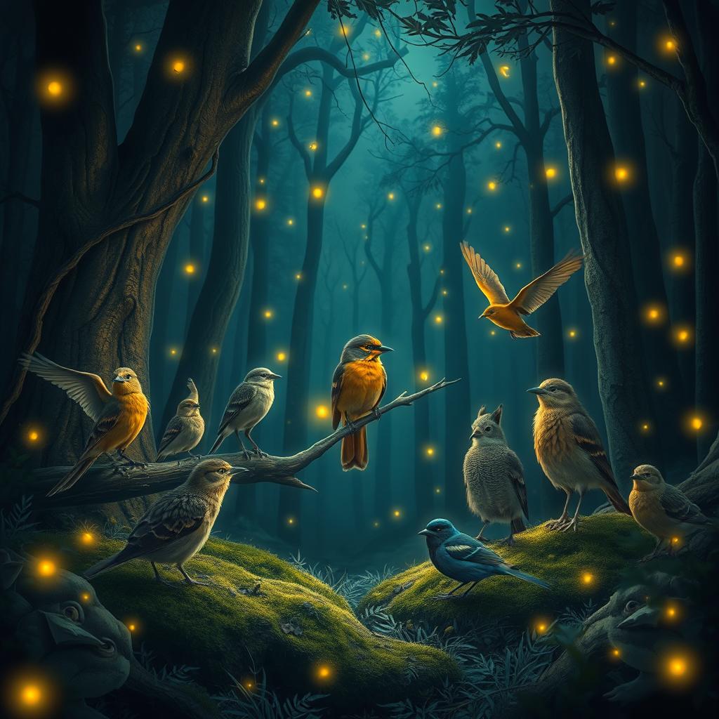 A mystical scene set in the depth of a forest at night, featuring a group of birds and animals surrounding a Myna bird perched on a branch