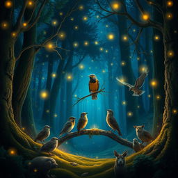 A mystical scene set in the depth of a forest at night, featuring a group of birds and animals surrounding a Myna bird perched on a branch