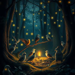 A mystical scene set in the depth of a forest at night, featuring a group of birds and animals surrounding a Myna bird perched on a branch