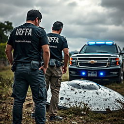 Analyst investigators examining a crashed UFO, wearing t-shirts under black investigator vests