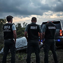 Analyst investigators examining a crashed UFO, wearing t-shirts under black investigator vests