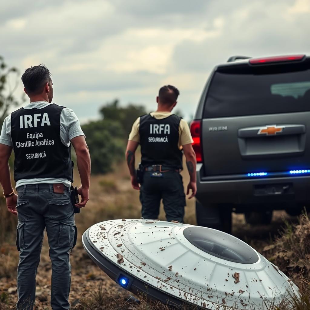 Analyst investigators examining a crashed UFO, wearing t-shirts under black investigator vests