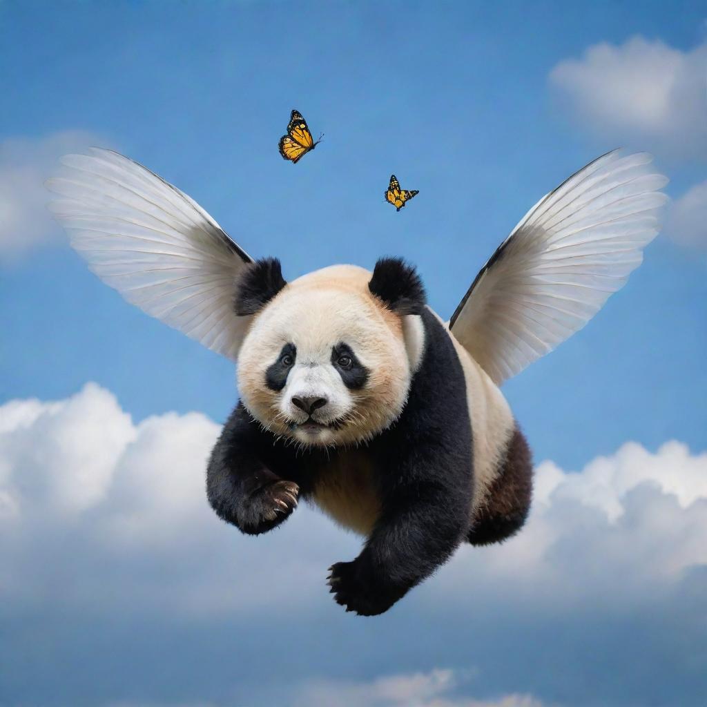 A real-life representation of a panda with butterfly wings, soaring through the sky, capturing the grace and beauty of flight.