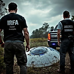 Analyst investigators examining a crashed UFO, wearing t-shirts under black investigator vests