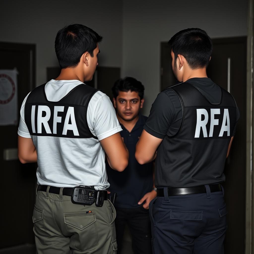 Two analyst investigators interrogating a person, wearing t-shirts under investigation vests with "IRFA" written in white letters on the back, and pants with pockets